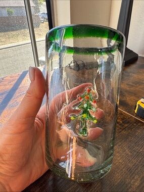 Handblown Green Rim Clear Glass Holiday Tree Drinking Glass